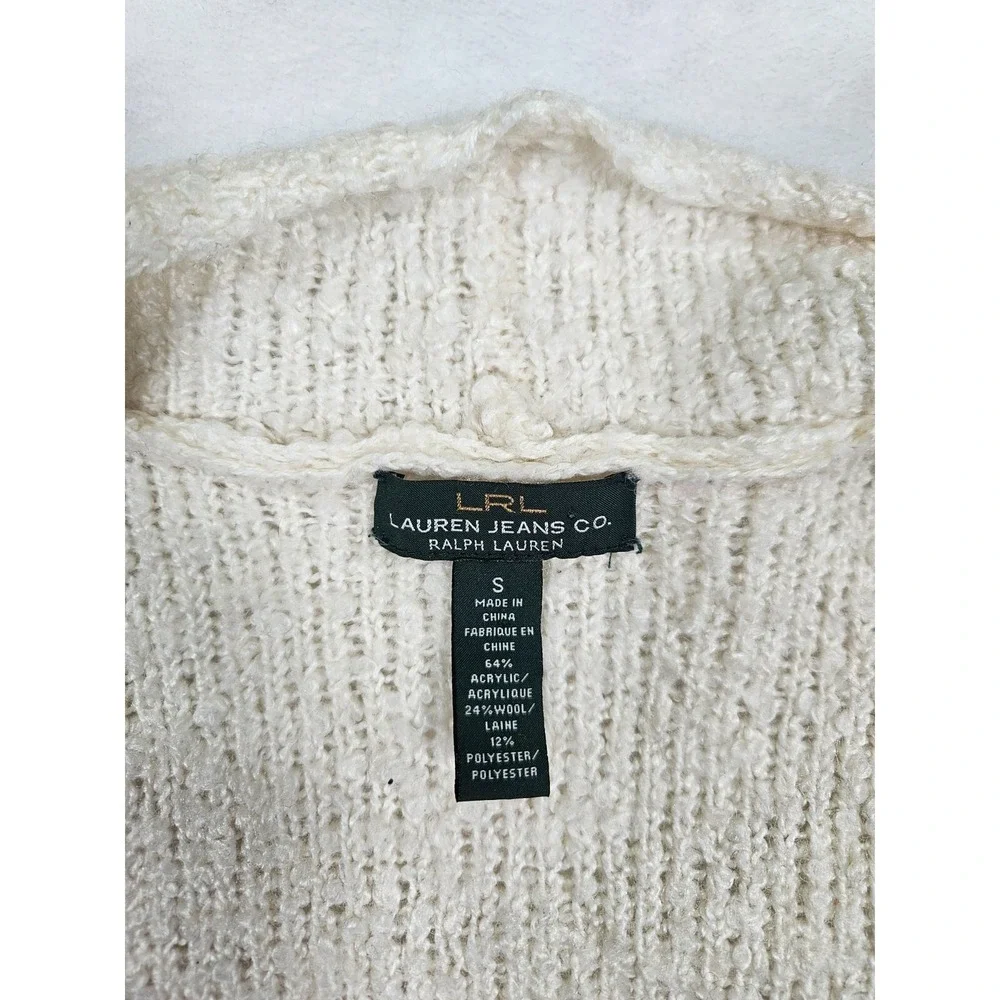 LRL Ralph Lauren Cardigan Women's Small White Black Wool Blend Knit Open‎ Casual
